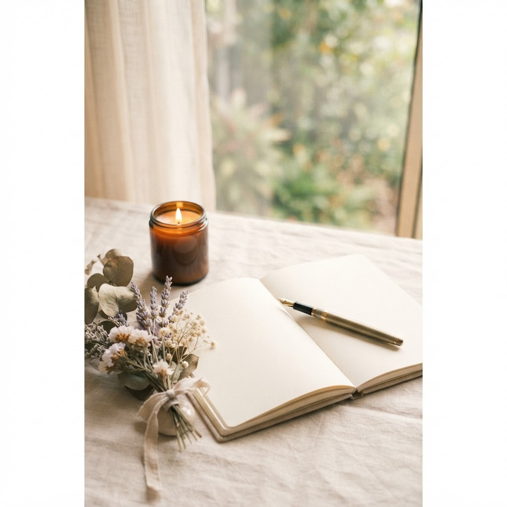 Diario abierto, una vela y flores secas en un ritual de introspección